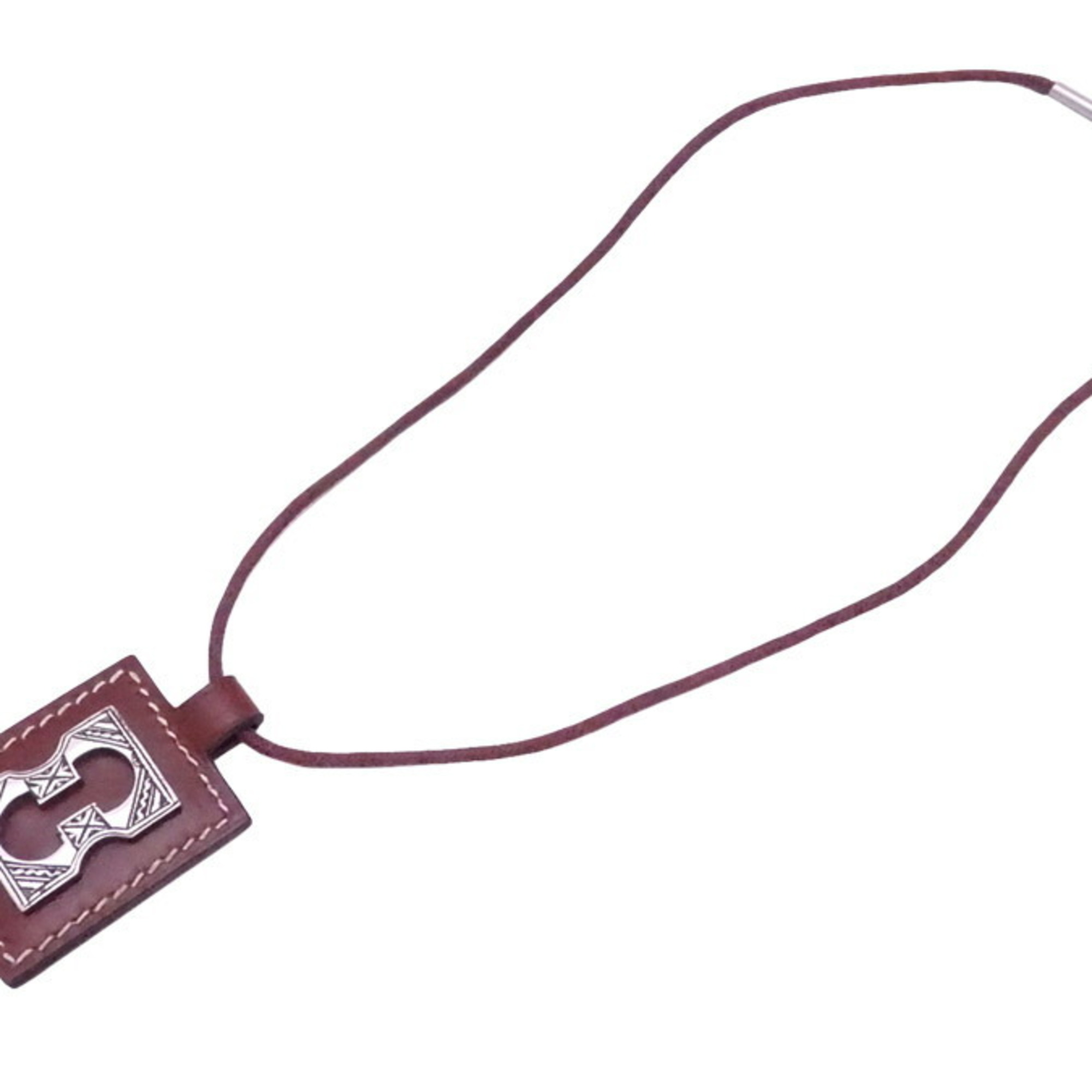 Hermes Necklace Tuareg Burgundy Leather X Cotton Silver Metal Fittings Pendant
